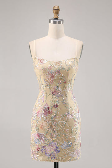 Apricot Floral Embroidered Bodycon Short Prom Dress